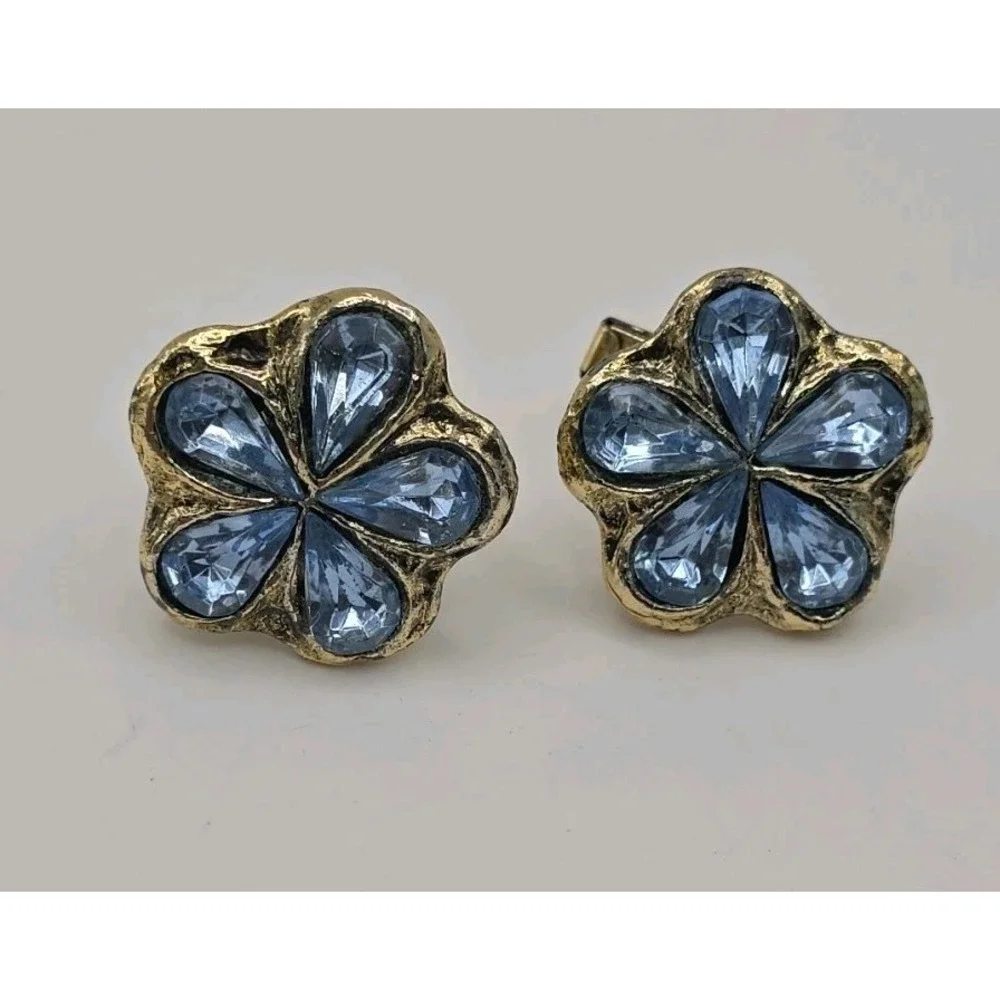 Vintage Blue Teardrop Rhinestone Flower Gold Tone Cufflinks Groovy Retro Funky